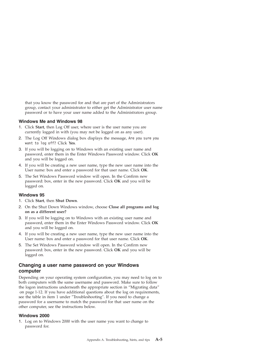 IBM 31P8128 manual Changing a user name password on your Windows computer, Windows Me and Windows 