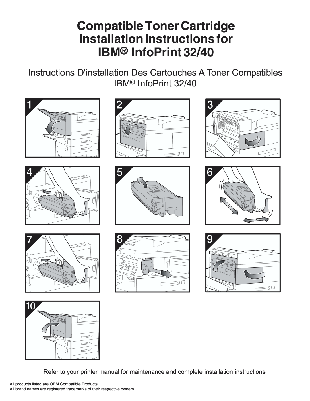 IBM installation instructions Compatible Toner Cartridge, Installation Instructions for IBM InfoPrint 32/40 