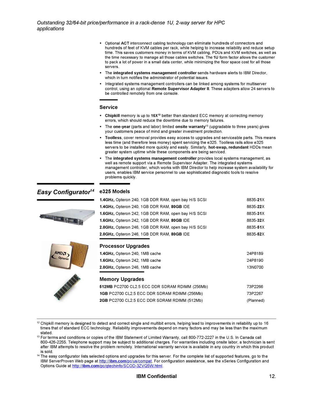 IBM specifications Easy Configurator14 e325 Models, Service, Processor Upgrades, Memory Upgrades 