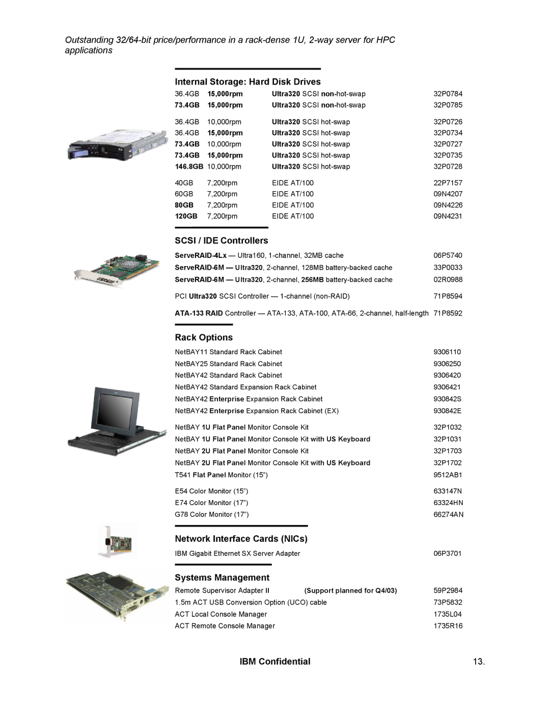 IBM 325 Internal Storage Hard Disk Drives, Scsi / IDE Controllers, Rack Options, Network Interface Cards NICs 