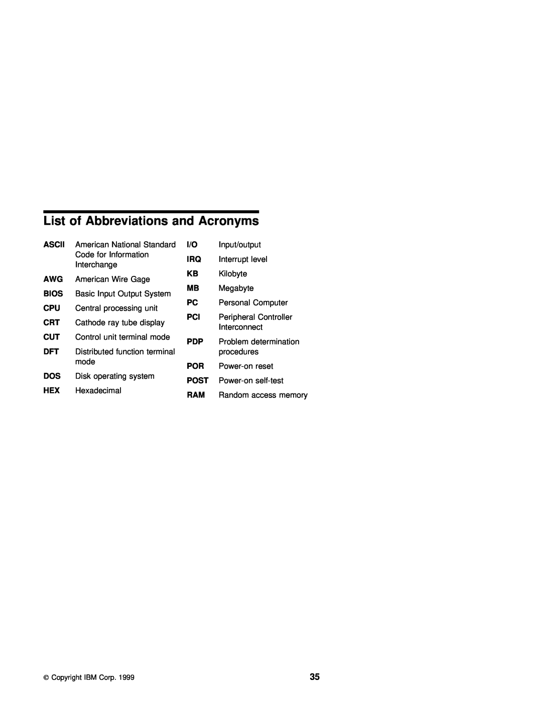 IBM 3270 manual List, Acronyms, Abbreviations, Ascii, Bios, Post 