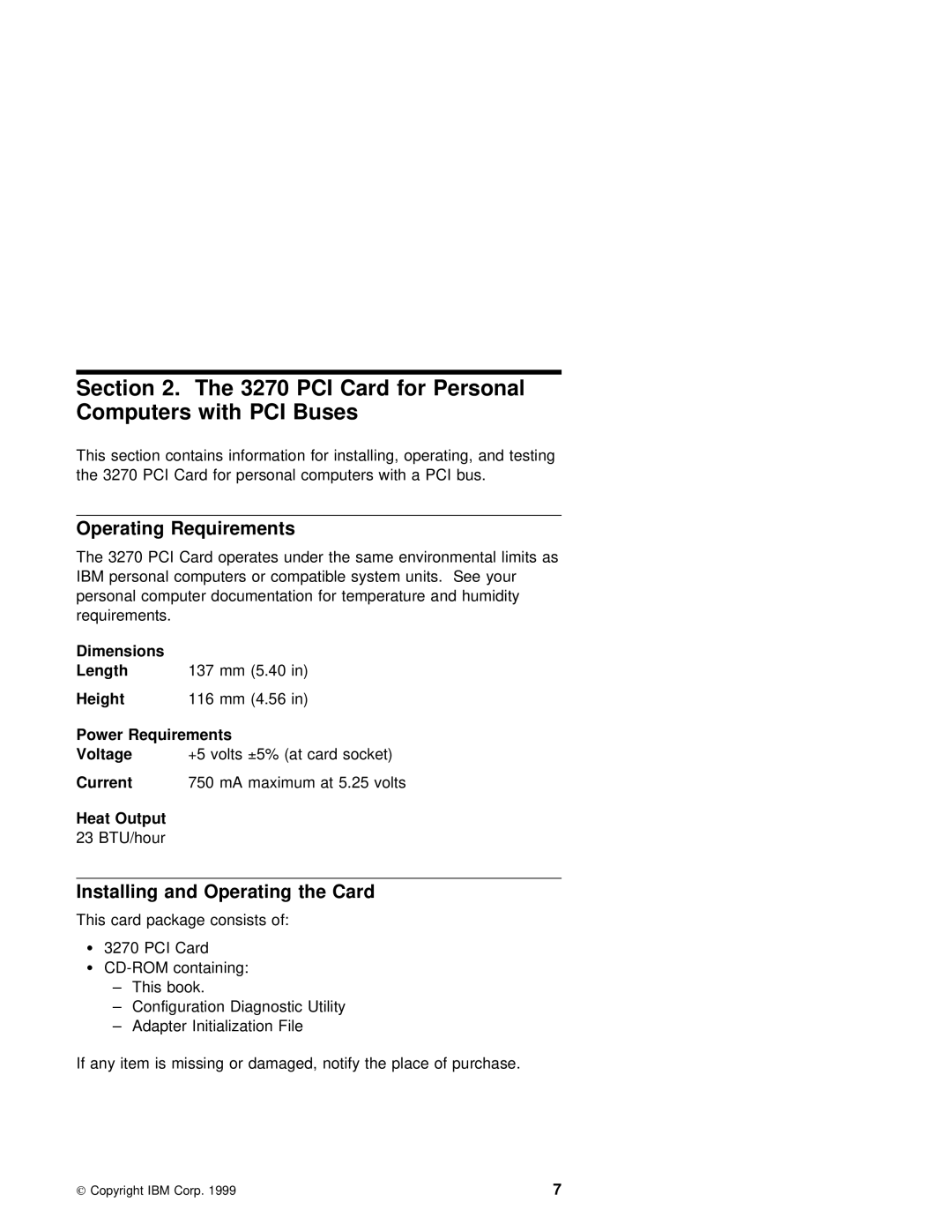 IBM 3270 manual PCI Card for Personal Computers with PCI Buses, Operating Requirements, Installing and Operating the Card 