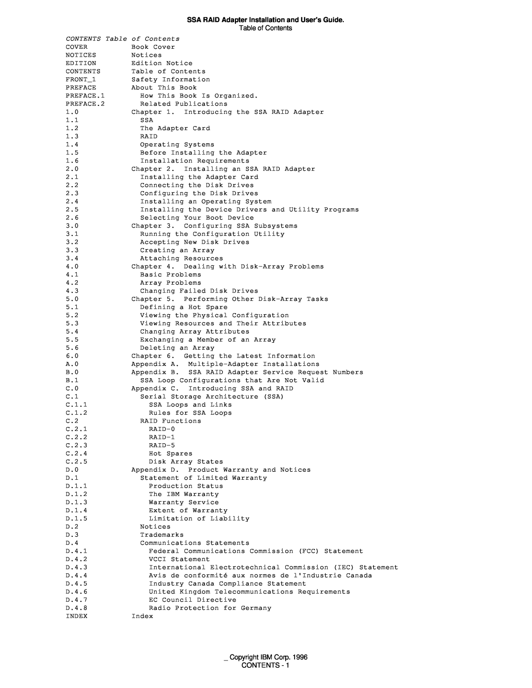 IBM 32H3816 SSA RAID Adapter Installation and Users Guide, CONTENTS Table of Contents, Copyright IBM Corp CONTENTS 