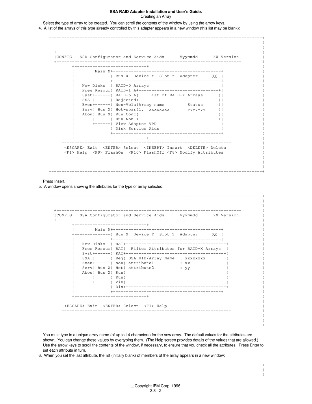 IBM 32H3816 manual Service Aids Vyymmdd XX Version Main M+ Bus Device Y, Adapter New Disks RAID-0 Arrays Free Resour 