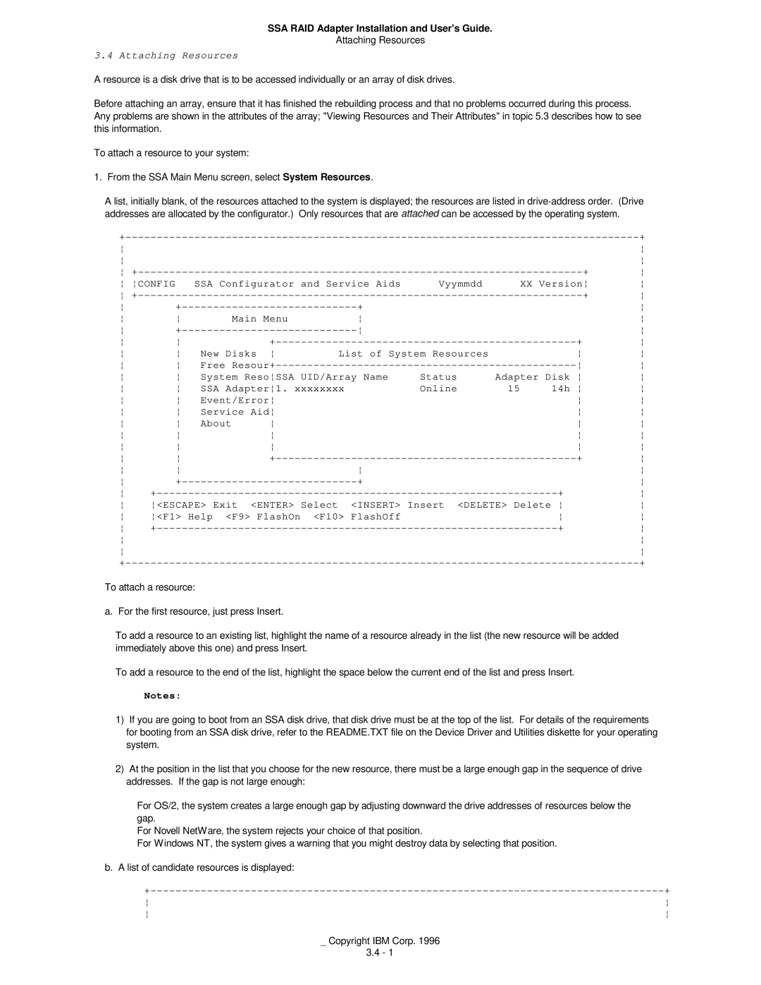 IBM 32H3816 manual Attaching Resources, Main Menu New Disks List of System Resources, System ResoSSA UID/Array Name Status 