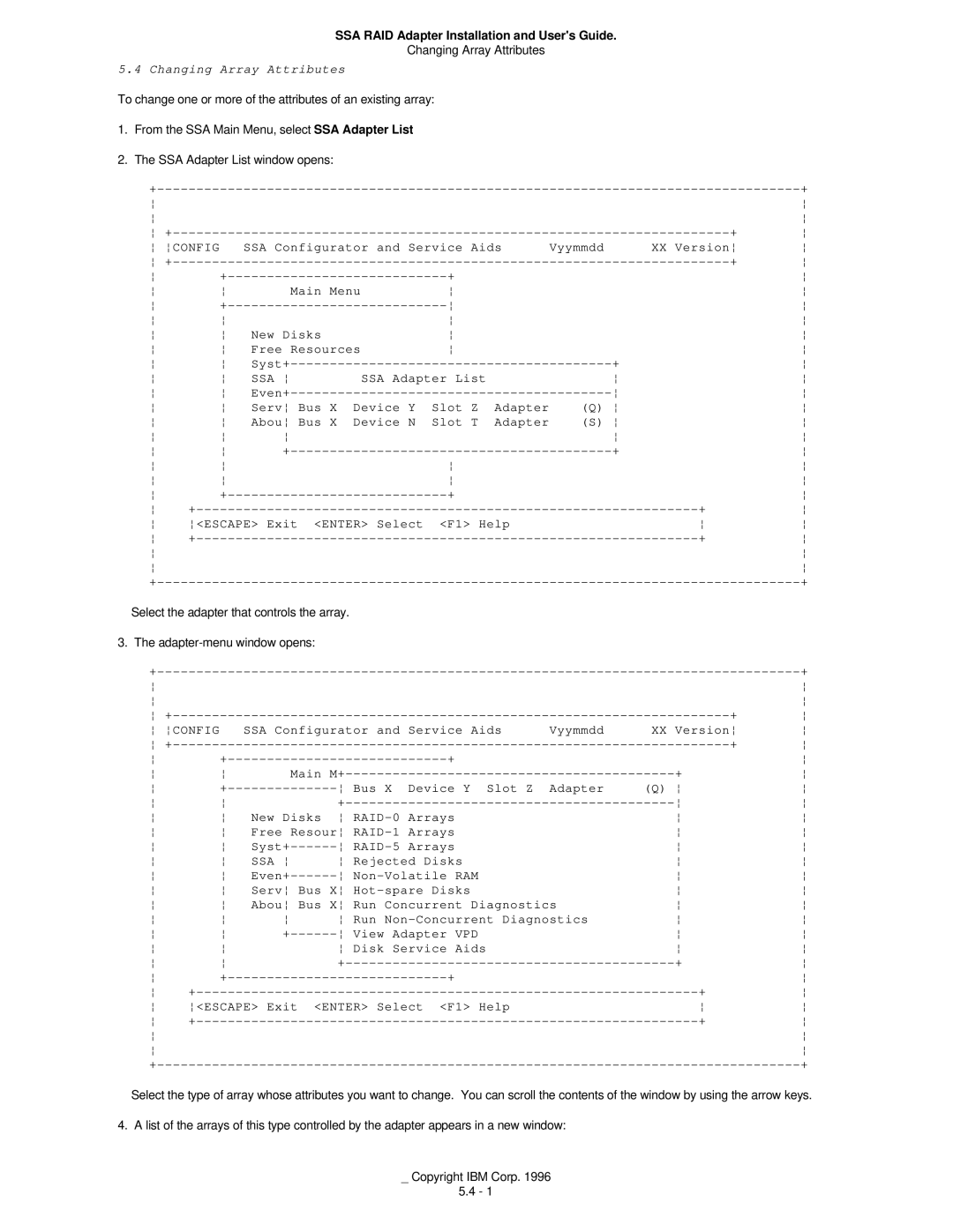 IBM 32H3816 manual Changing Array Attributes, Main Menu New Disks Free Resources 