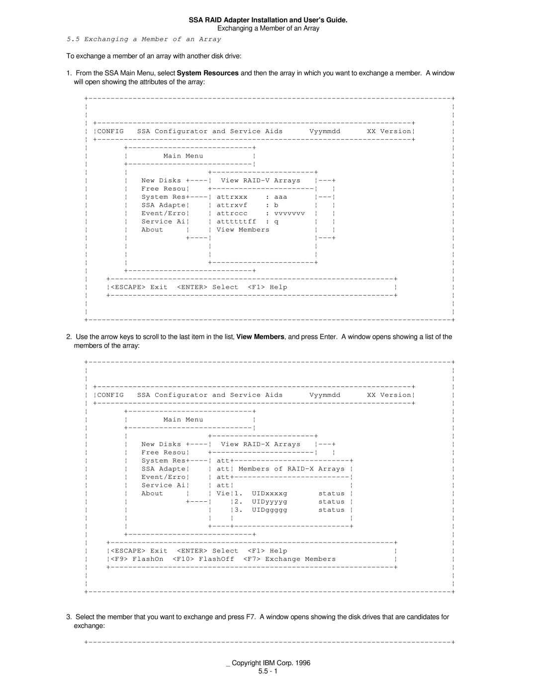 IBM 32H3816 manual Exchanging a Member of an Array, Escape Exit Enter Select F1 Help F9 FlashOn F10 FlashOff 