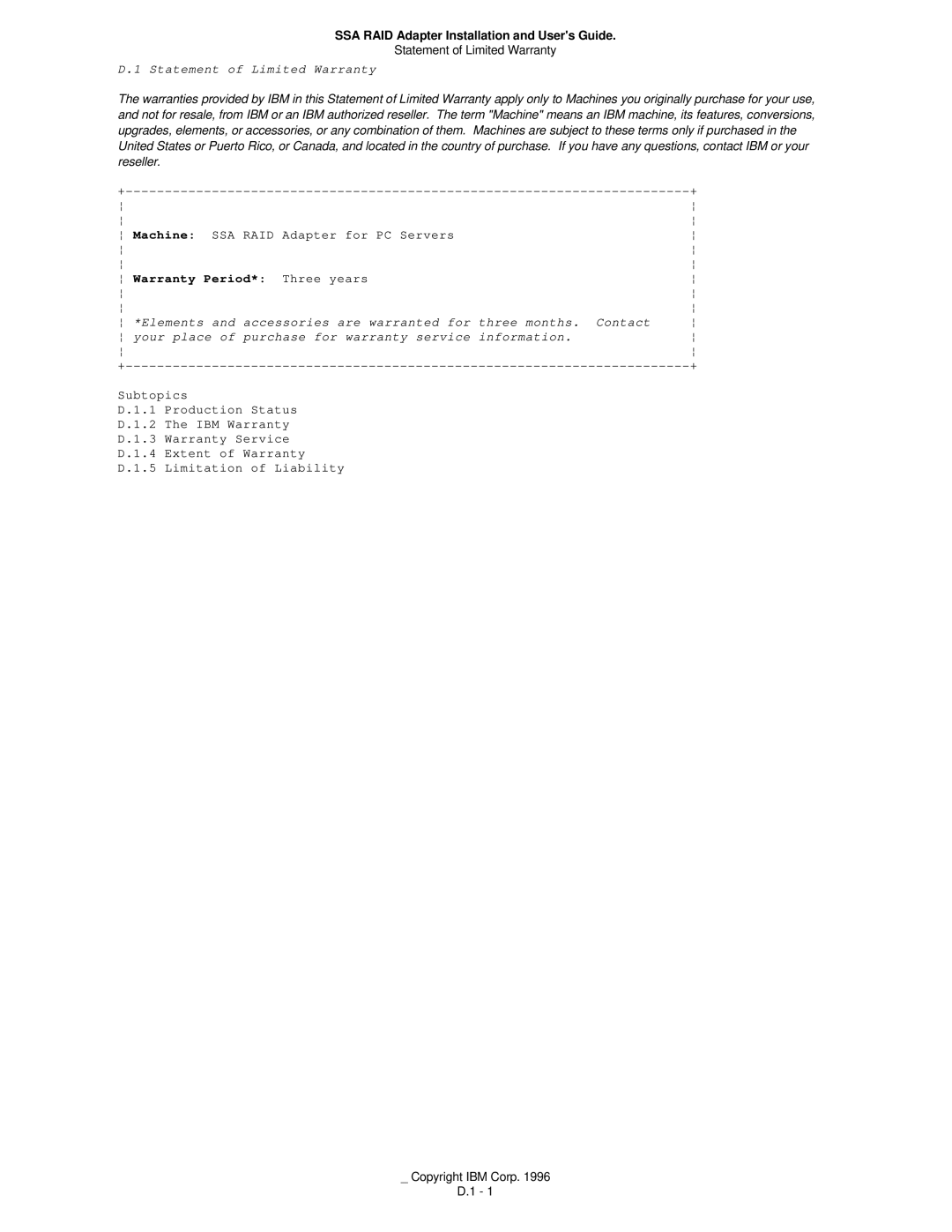 IBM 32H3816 manual Machine SSA RAID Adapter for PC Servers, Warranty Period* Three years 