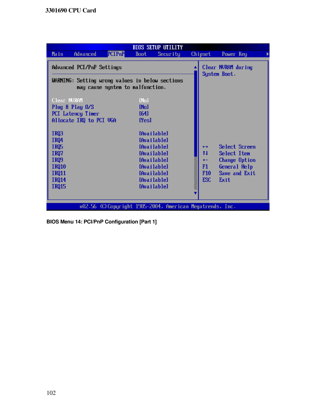 IBM 3301690 user manual Bios Menu 14 PCI/PnP Configuration Part 