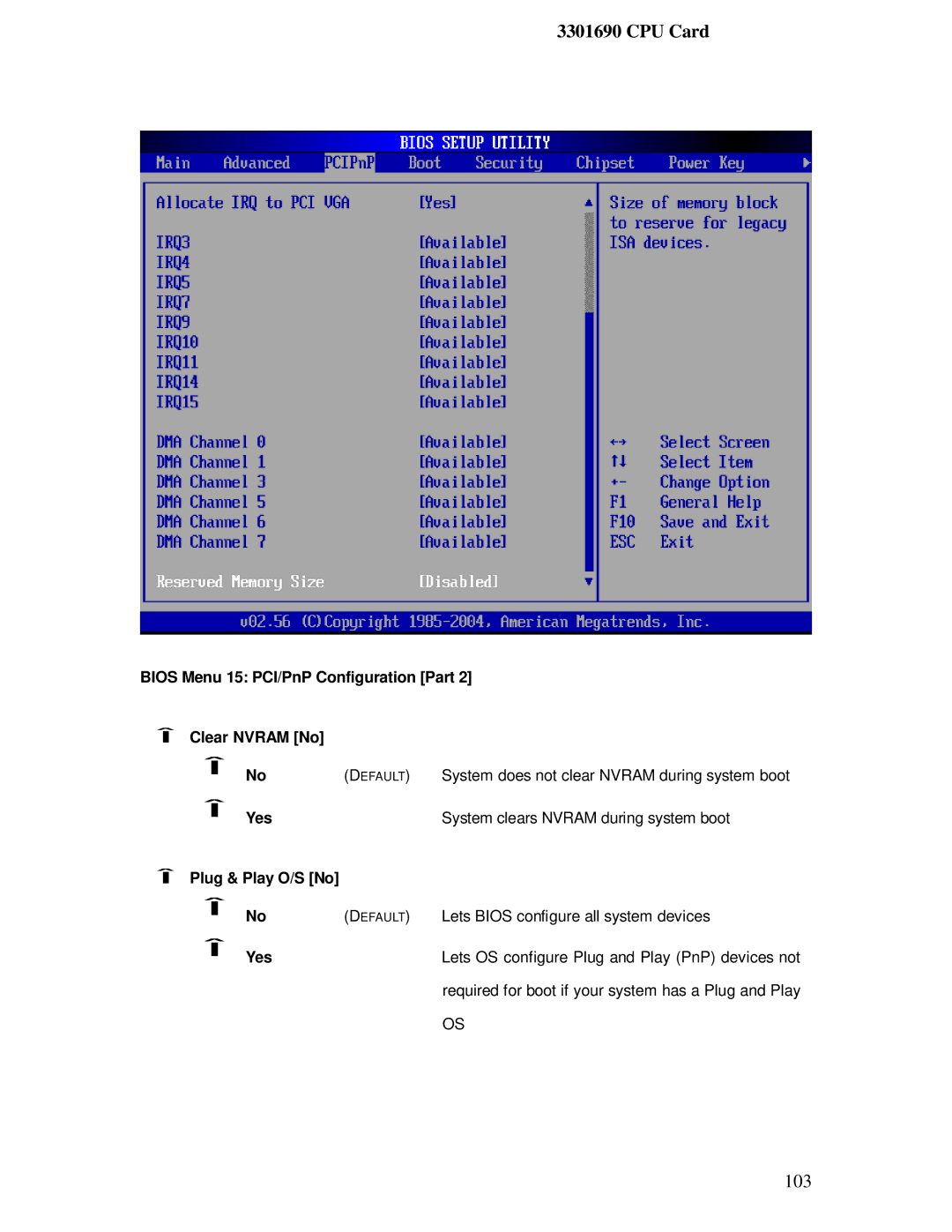 IBM 3301690 user manual Bios Menu 15 PCI/PnP Configuration Part Clear Nvram No, Yes, Plug & Play O/S No 