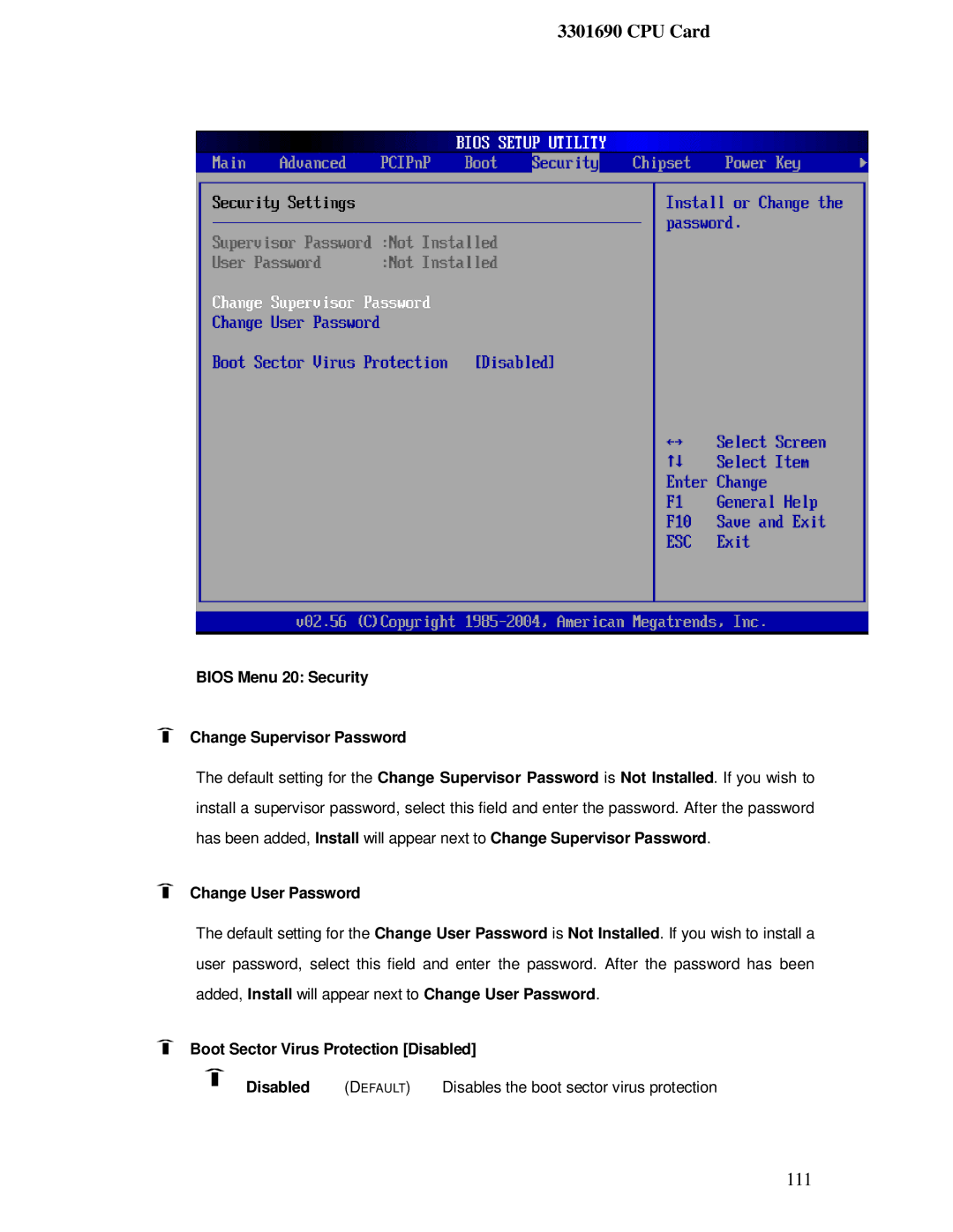 IBM 3301690 Bios Menu 20 Security Change Supervisor Password, Change User Password, Boot Sector Virus Protection Disabled 