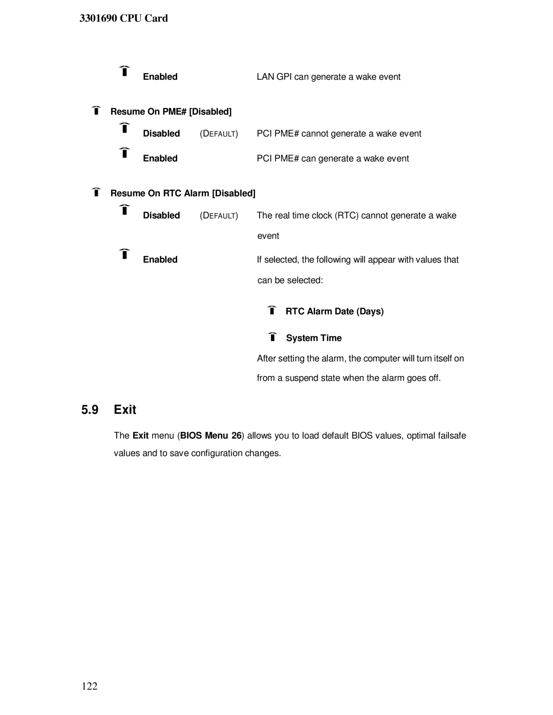 IBM 3301690 user manual Exit, Resume On RTC Alarm Disabled, RTC Alarm Date Days, System Time 