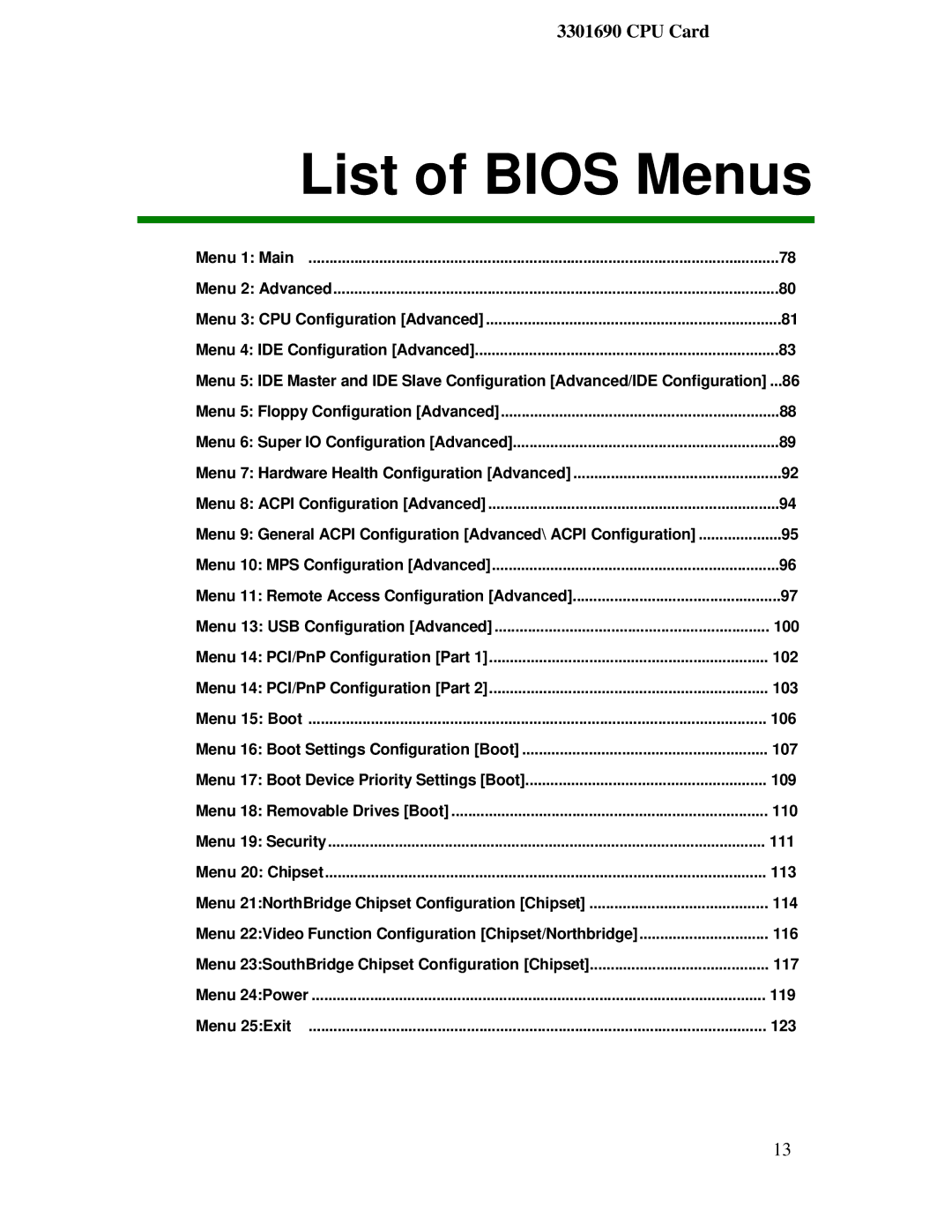 IBM 3301690 user manual List of Bios Menus 