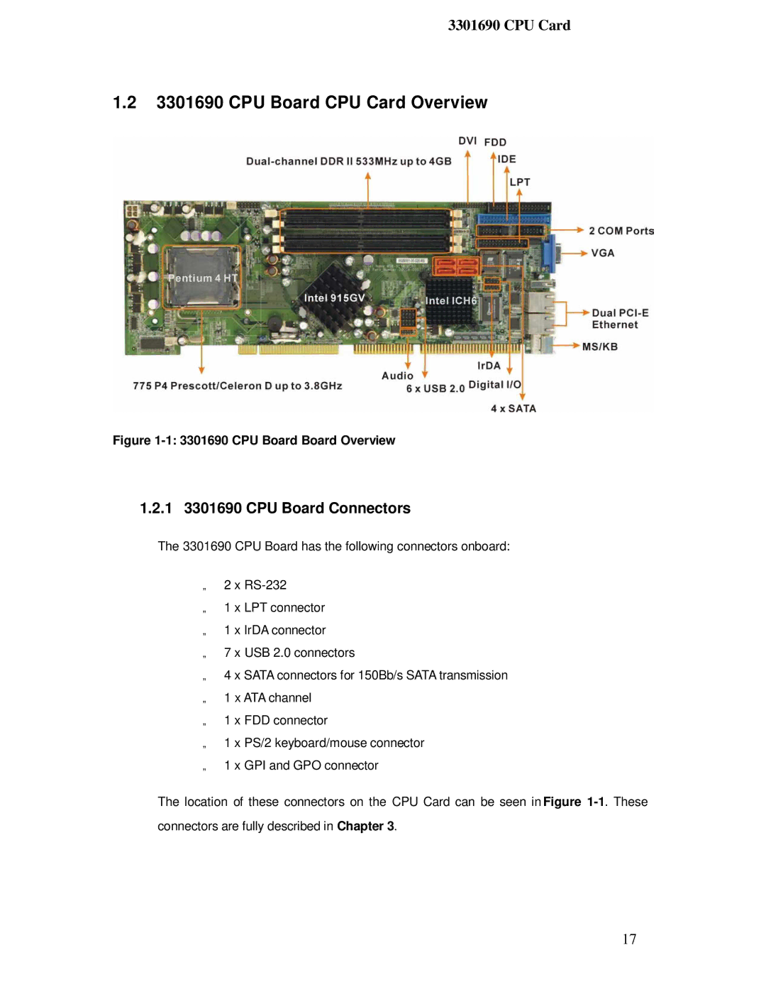 IBM user manual CPU Board CPU Card Overview, 1 3301690 CPU Board Connectors 