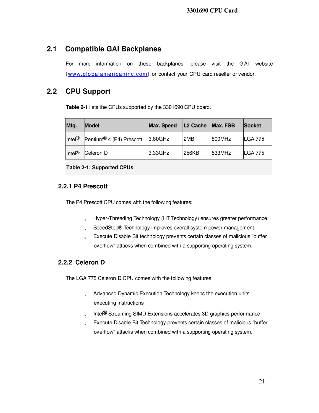 IBM 3301690 user manual Compatible GAI Backplanes, CPU Support, 1 P4 Prescott, Celeron D 