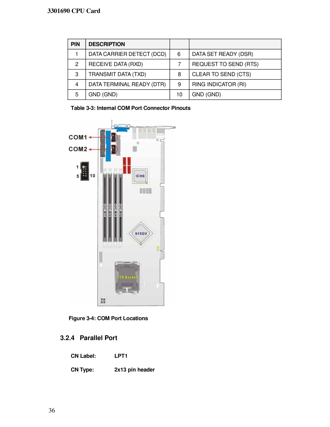 IBM 3301690 user manual Parallel Port, PIN Description, Internal COM Port Connector Pinouts, LPT1 