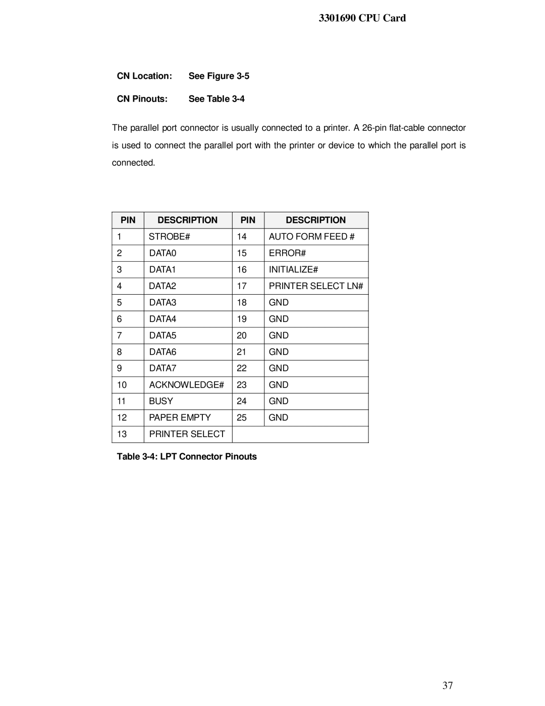 IBM 3301690 user manual CN Location, CN Pinouts See Table, LPT Connector Pinouts 