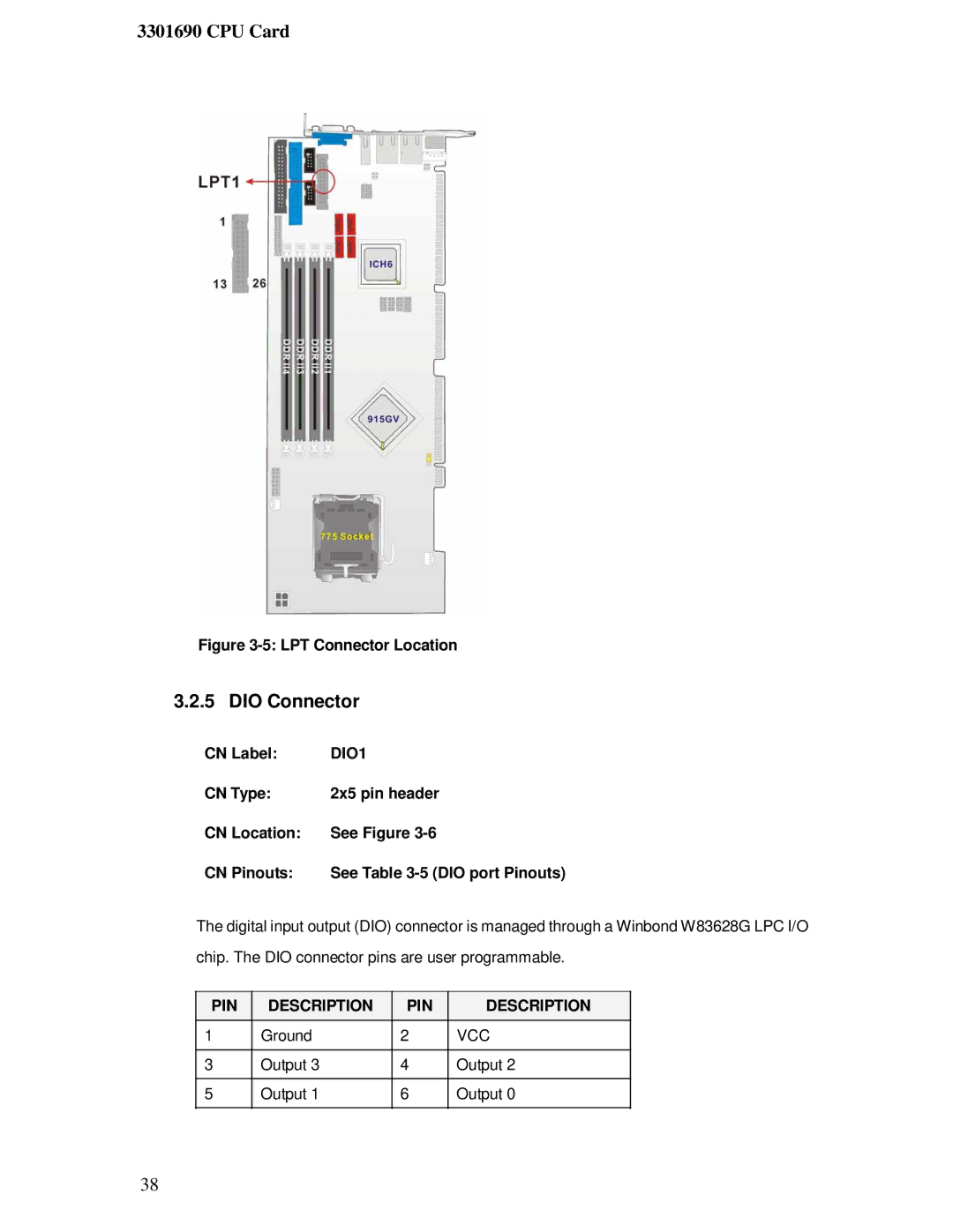 IBM 3301690 user manual DIO Connector, DIO1, CN Type 2x5 pin header CN Location See Figure CN Pinouts 