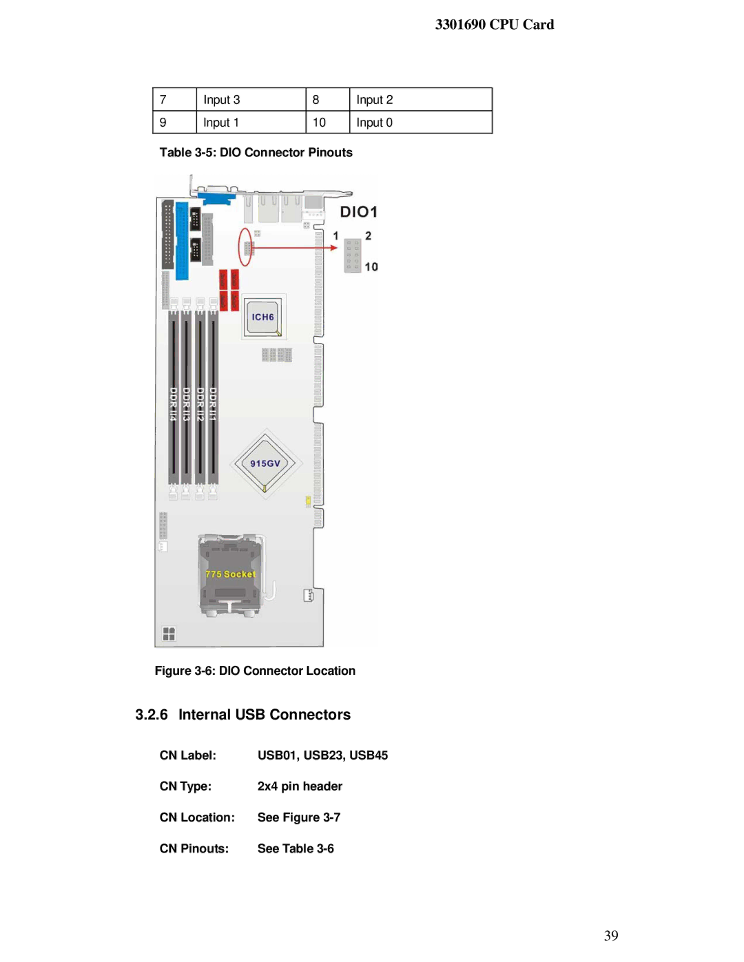 IBM 3301690 user manual Internal USB Connectors, DIO Connector Pinouts 