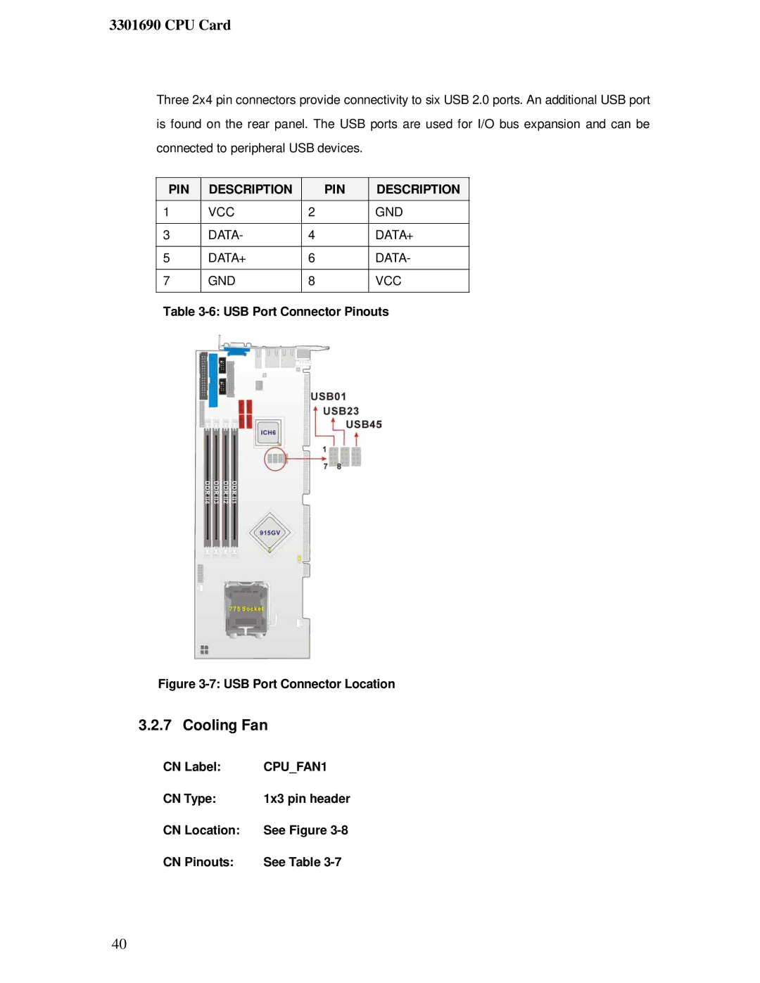 IBM 3301690 user manual Cooling Fan, USB Port Connector Pinouts 