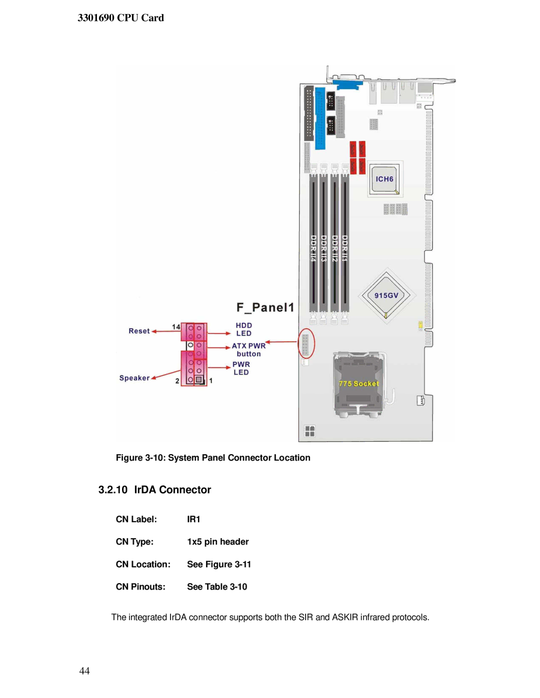 IBM 3301690 user manual IrDA Connector, IR1, CN Type 1x5 pin header CN Location 