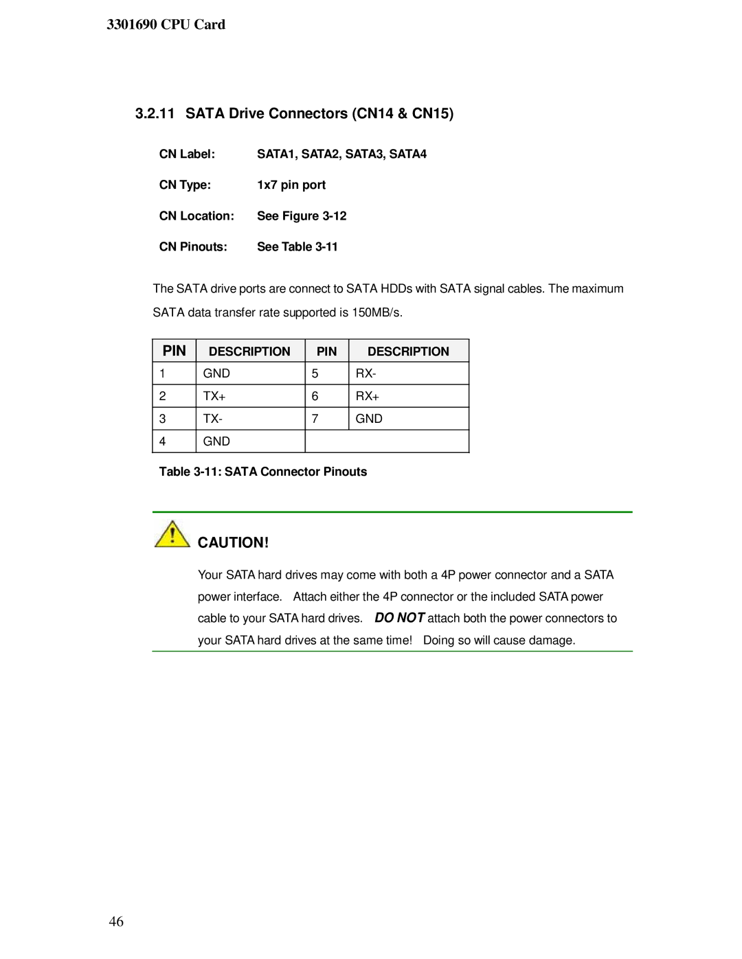 IBM 3301690 user manual Sata Drive Connectors CN14 & CN15, Sata Connector Pinouts 