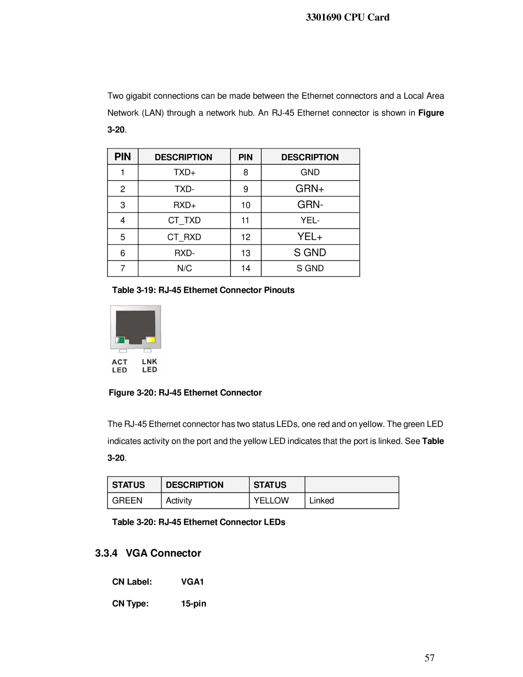 IBM 3301690 user manual VGA Connector, Description Status, Yellow, VGA1 