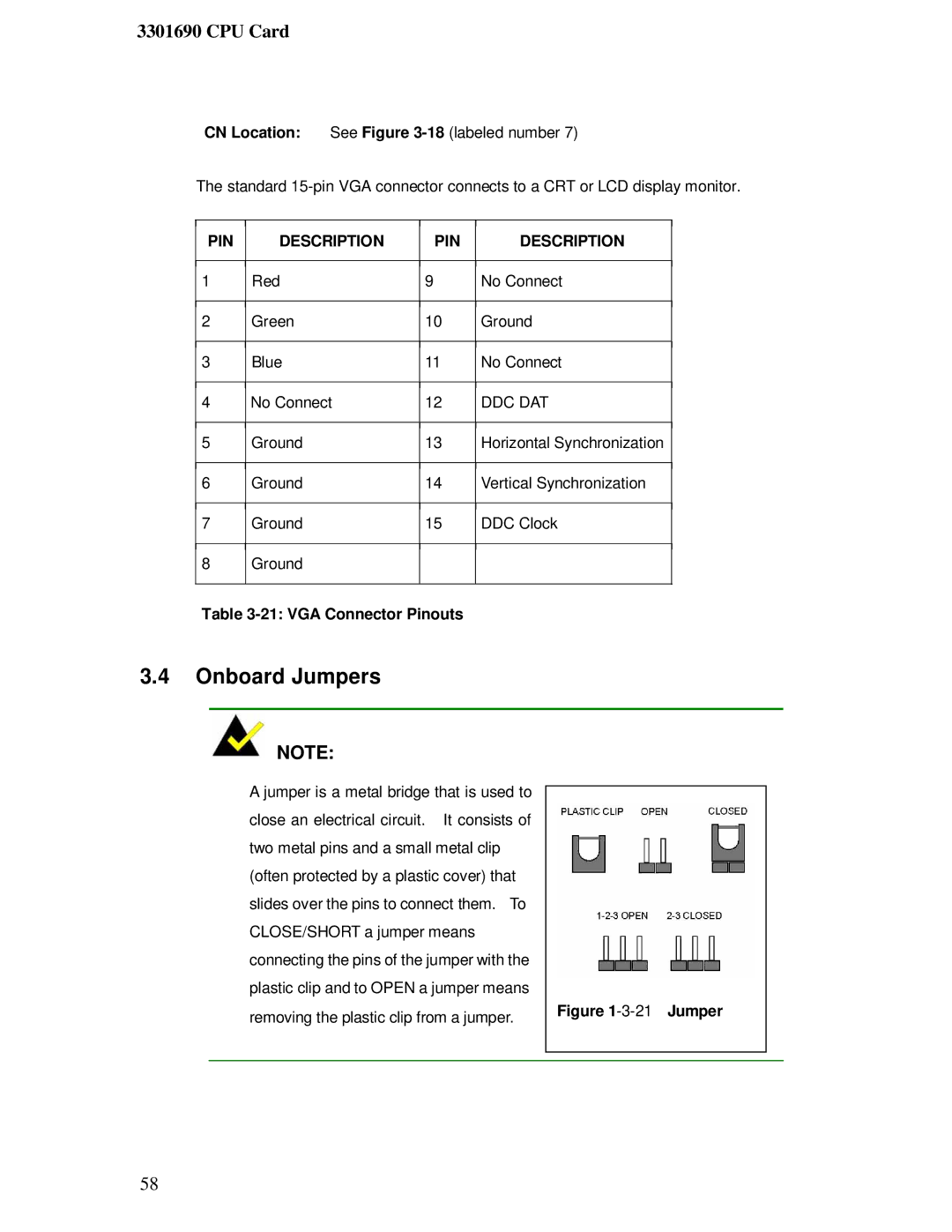 IBM 3301690 user manual Onboard Jumpers, CN Location See -18 labeled number, VGA Connector Pinouts 