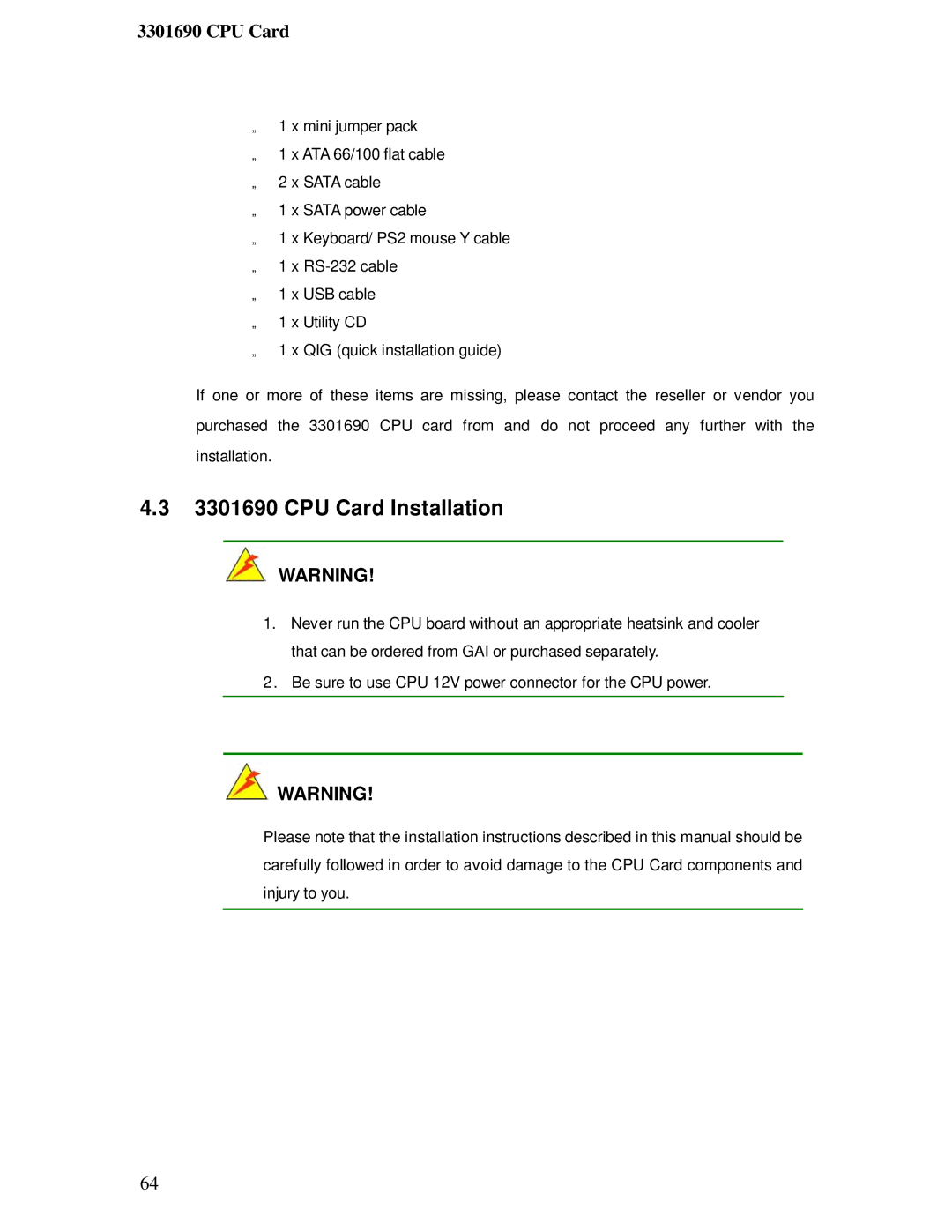 IBM 3301690 user manual CPU Card Installation 