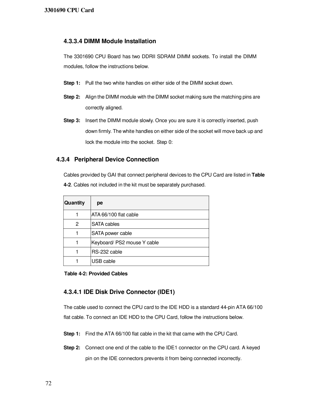 IBM 3301690 user manual Dimm Module Installation, Peripheral Device Connection, IDE Disk Drive Connector IDE1, Quantity 