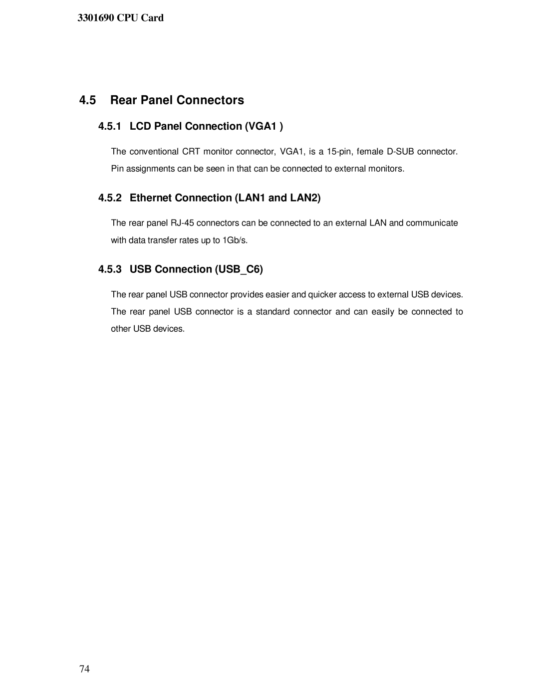 IBM 3301690 Rear Panel Connectors, LCD Panel Connection VGA1, Ethernet Connection LAN1 and LAN2, USB Connection USBC6 