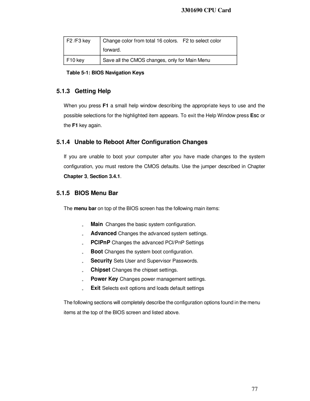 IBM 3301690 user manual Getting Help, Unable to Reboot After Configuration Changes, Bios Menu Bar, Bios Navigation Keys 