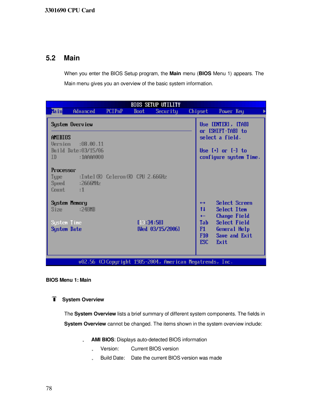 IBM 3301690 user manual Bios Menu 1 Main System Overview 