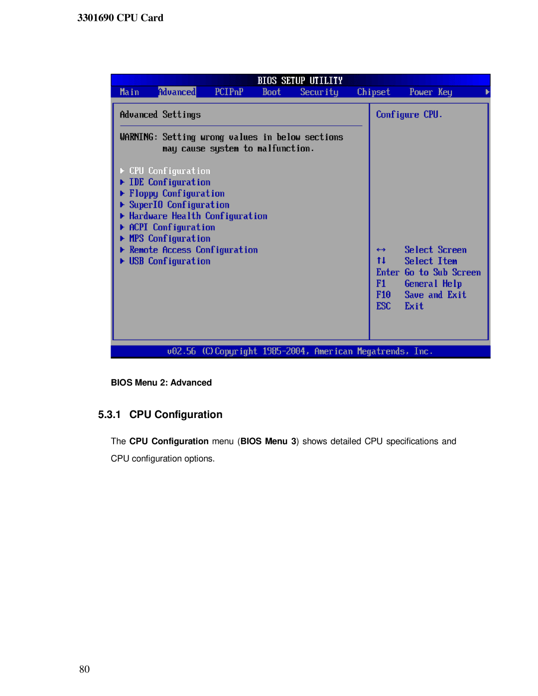 IBM 3301690 user manual CPU Configuration, Bios Menu 2 Advanced 