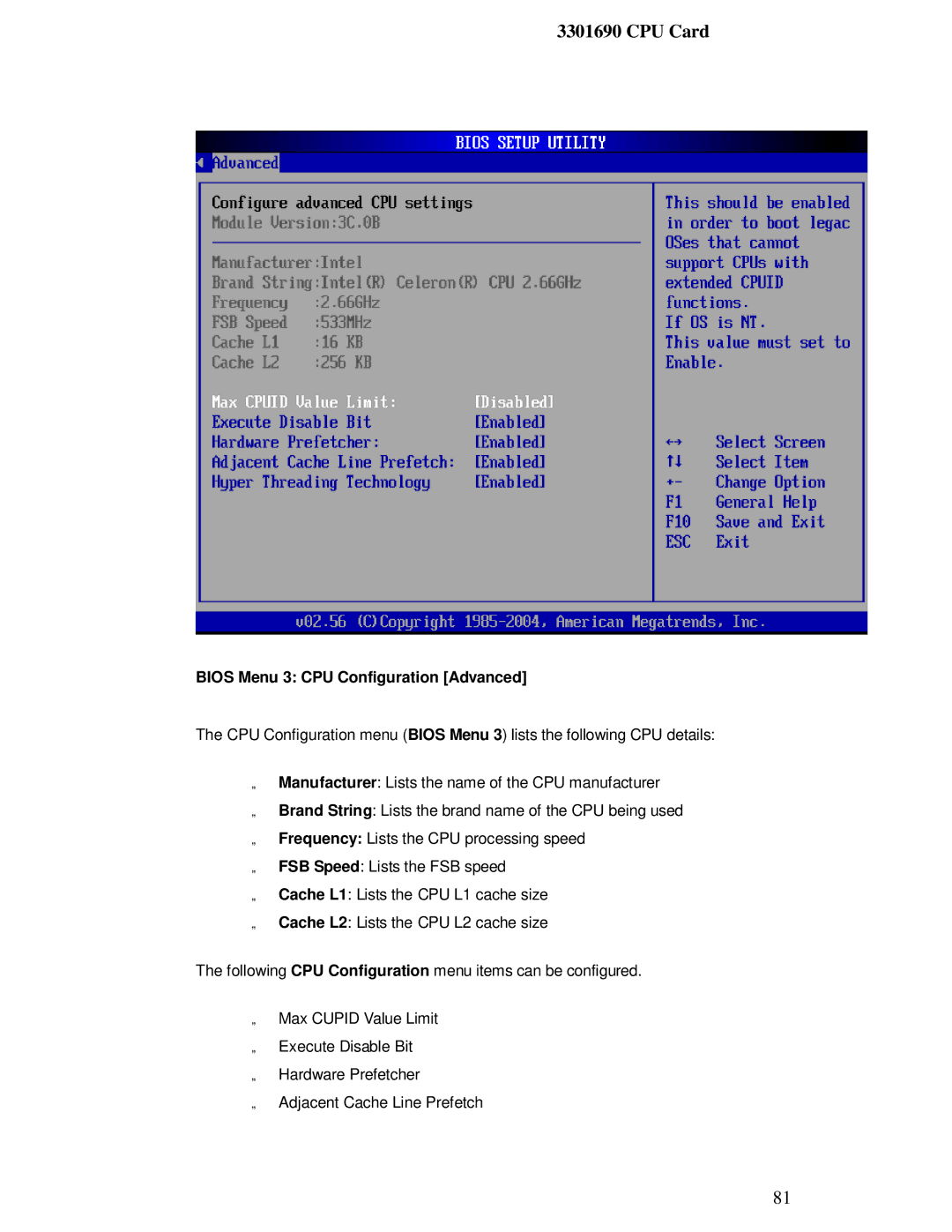 IBM 3301690 user manual Bios Menu 3 CPU Configuration Advanced 