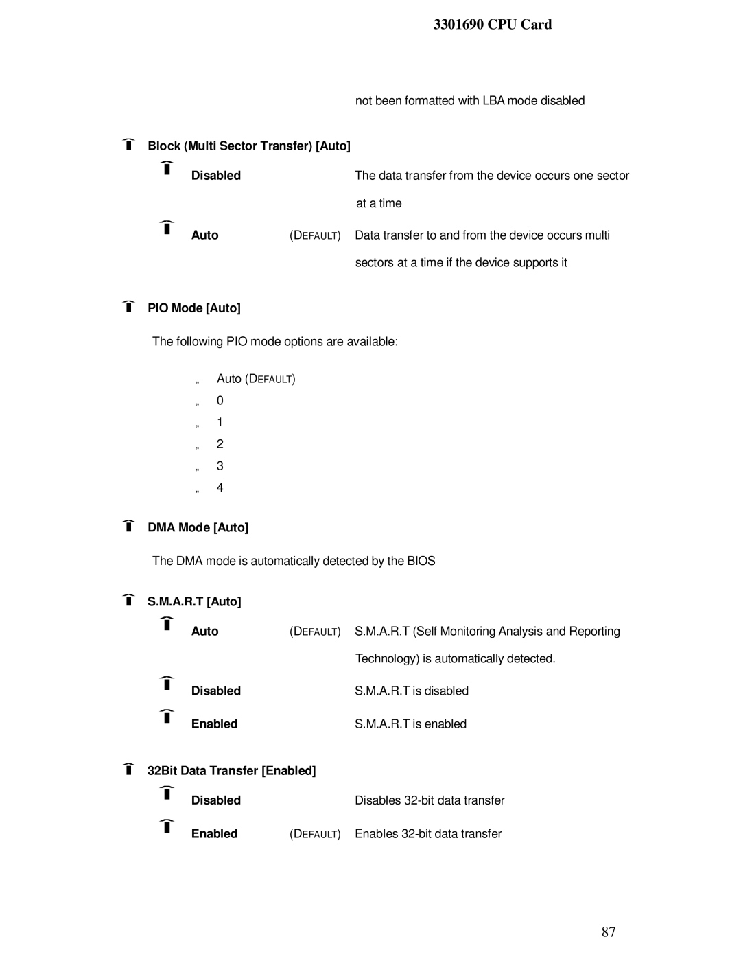 IBM 3301690 user manual Block Multi Sector Transfer Auto Disabled, PIO Mode Auto, DMA Mode Auto, M.A.R.T Auto 