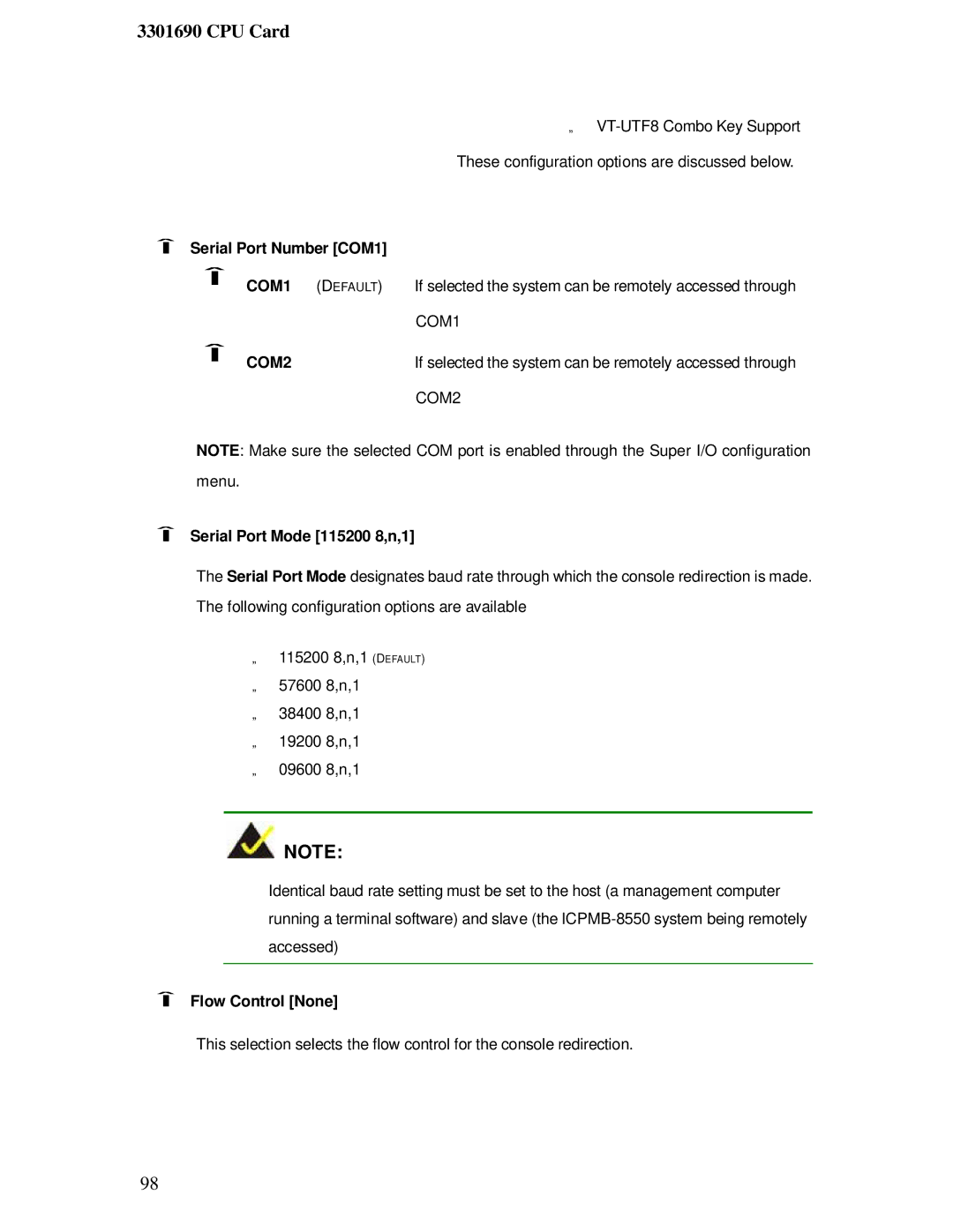 IBM 3301690 user manual Serial Port Number COM1, COM2, Serial Port Mode 115200 8,n,1, Flow Control None 