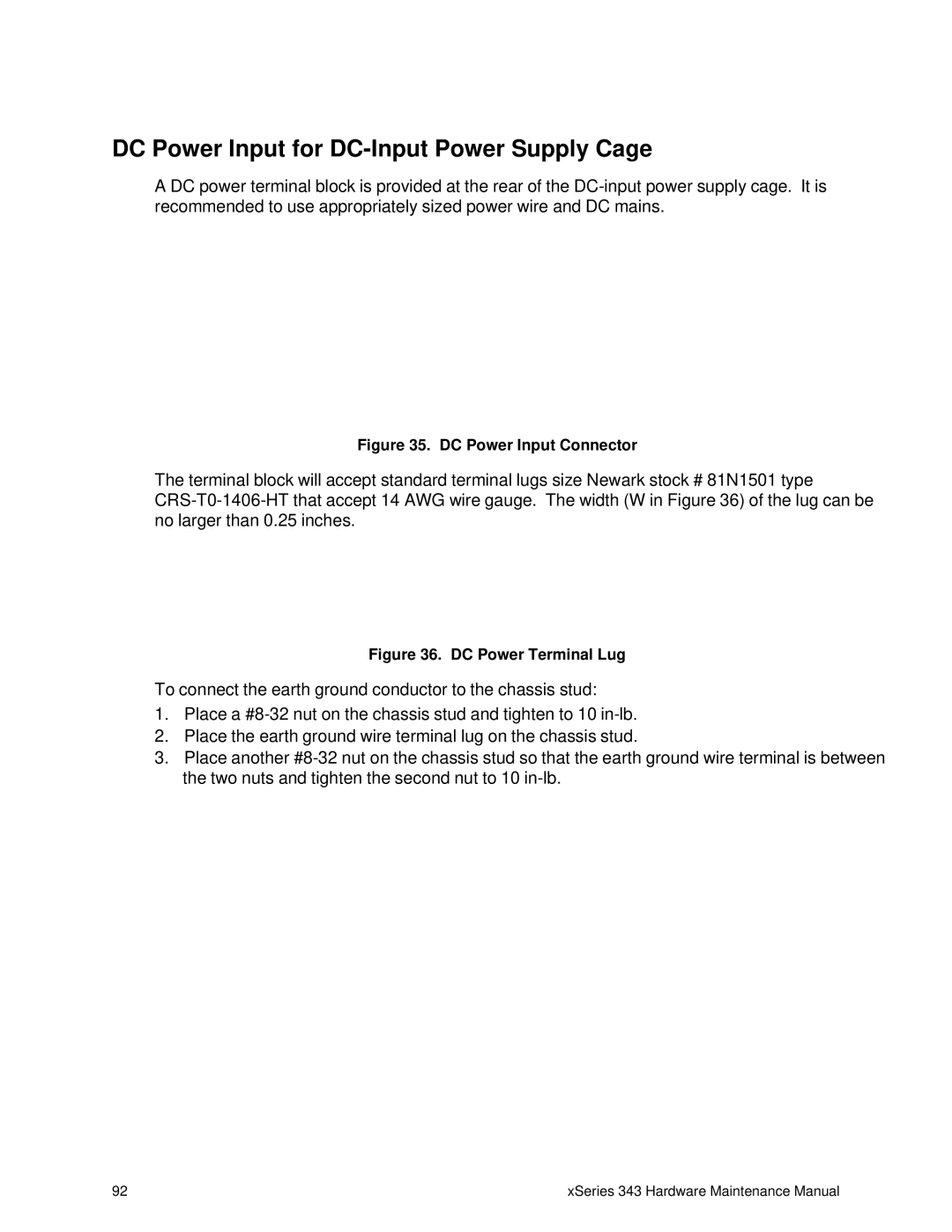 IBM 343 manual DC Power Input for DC-Input Power Supply Cage, DC Power Input Connector 