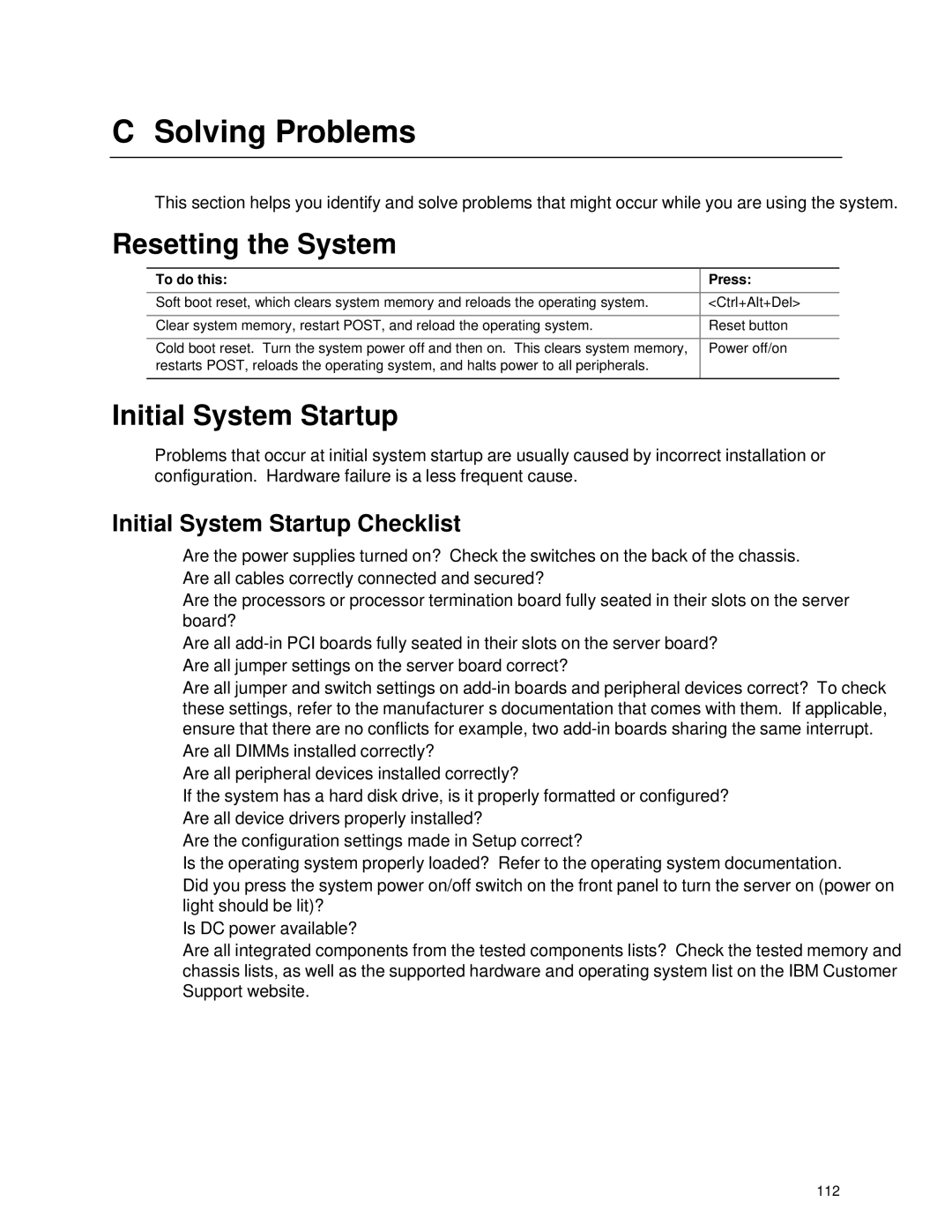 IBM 343 manual Solving Problems, Resetting the System, Initial System Startup Checklist, To do this Press 