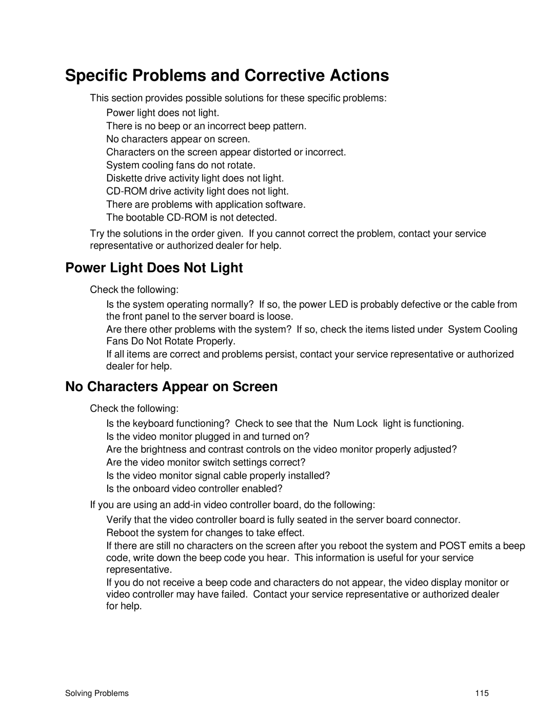 IBM 343 manual Specific Problems and Corrective Actions, Power Light Does Not Light, No Characters Appear on Screen 