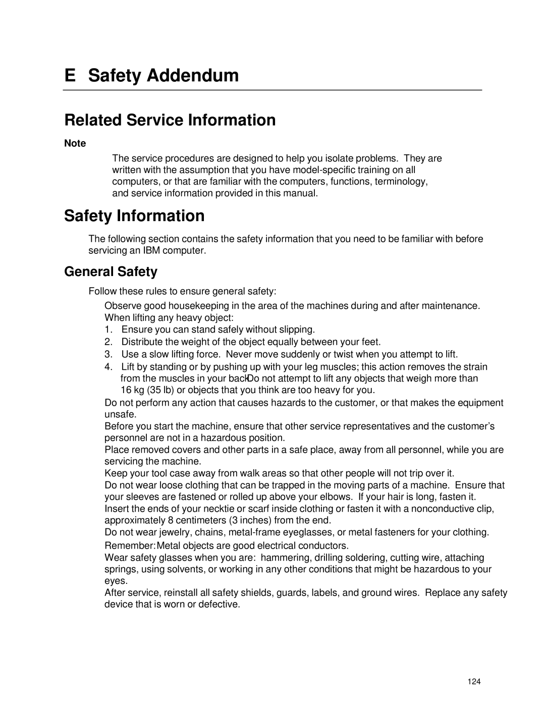 IBM 343 manual Safety Addendum, Related Service Information, Safety Information, General Safety 