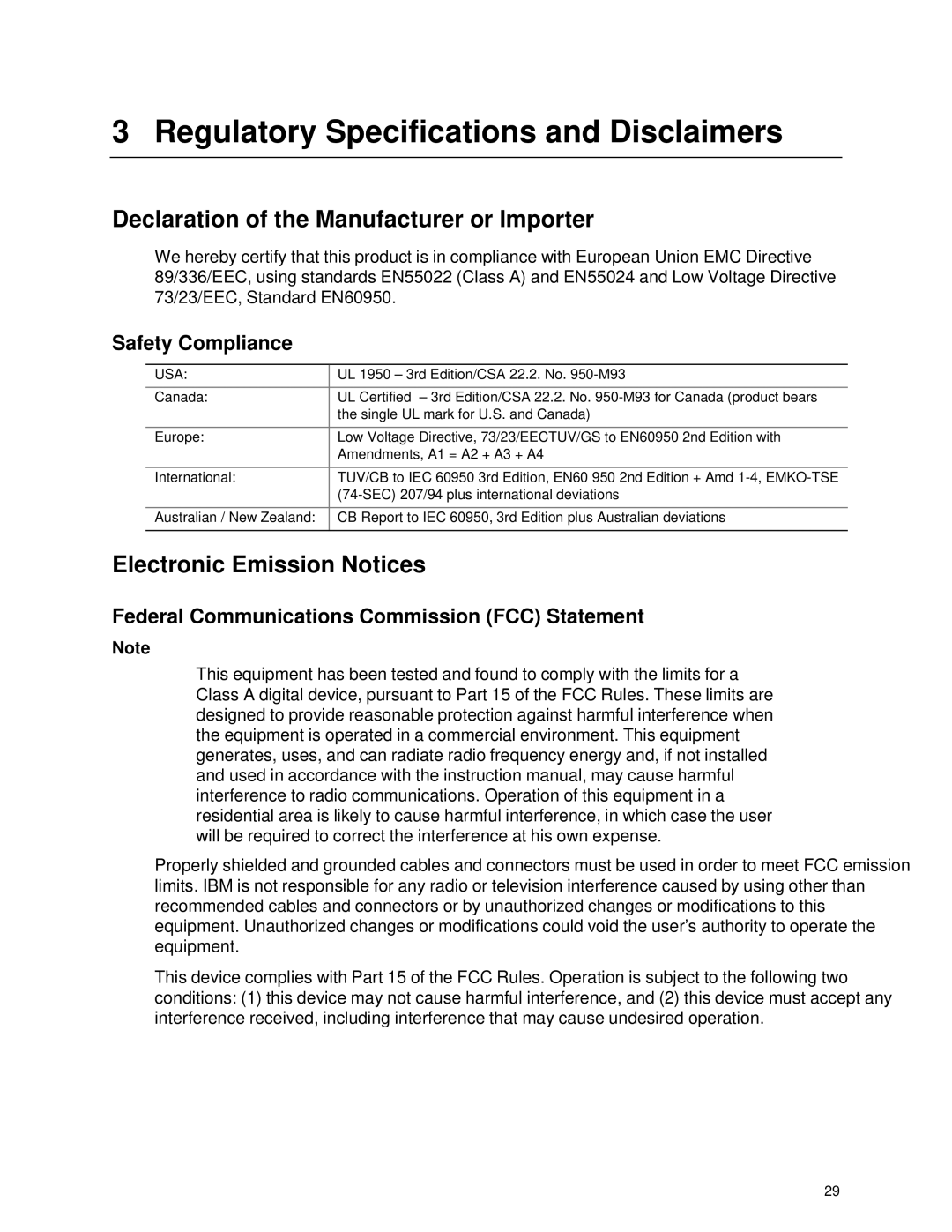 IBM 343 manual Regulatory Specifications and Disclaimers, Declaration of the Manufacturer or Importer, Safety Compliance 