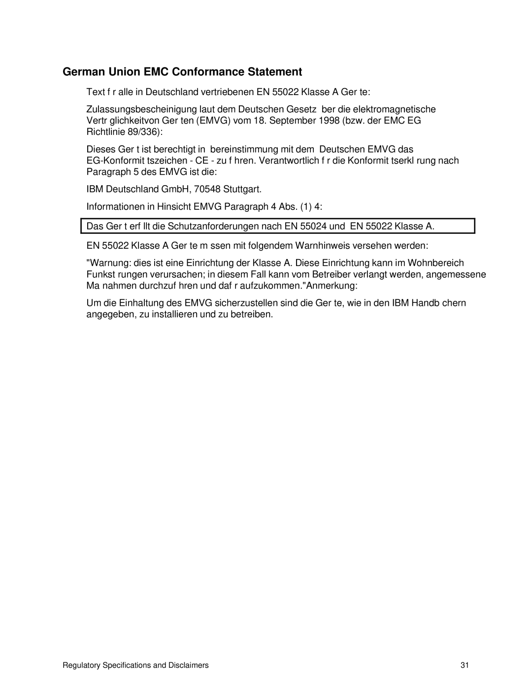 IBM 343 manual German Union EMC Conformance Statement 