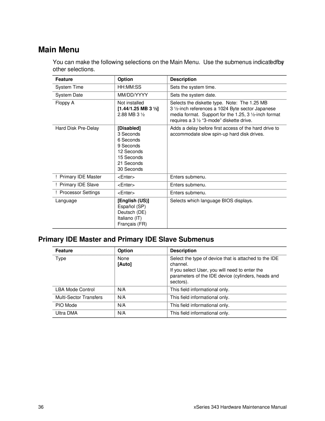 IBM 343 manual Main Menu, Primary IDE Master and Primary IDE Slave Submenus 