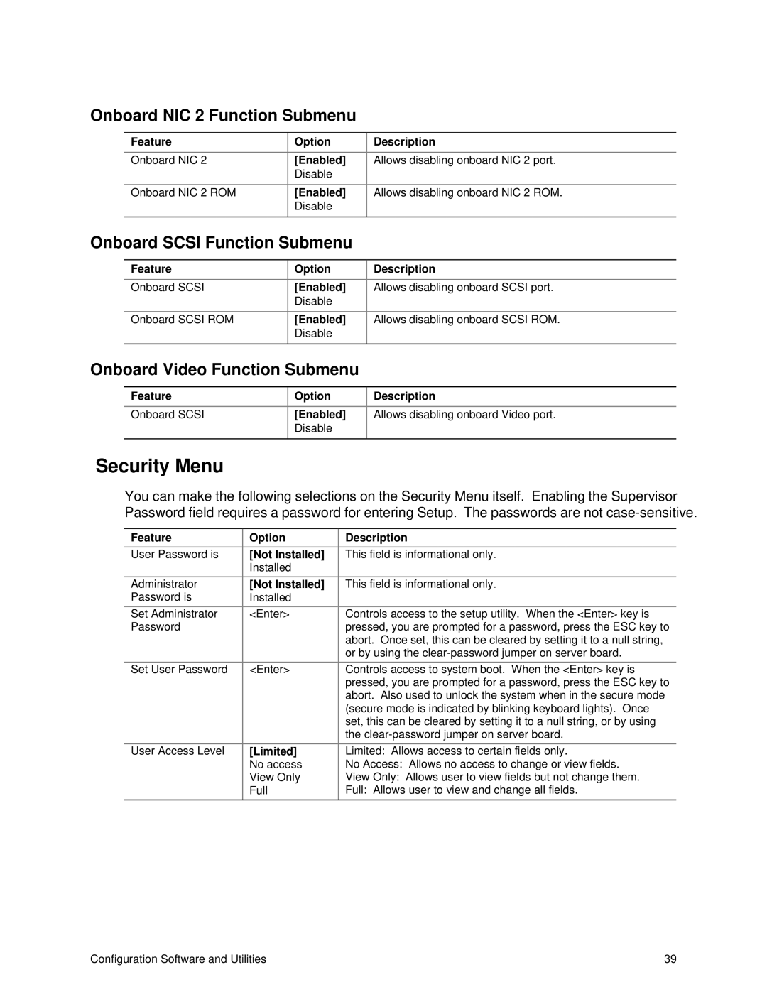 IBM 343 manual Security Menu, Onboard NIC 2 Function Submenu, Onboard Scsi Function Submenu, Onboard Video Function Submenu 