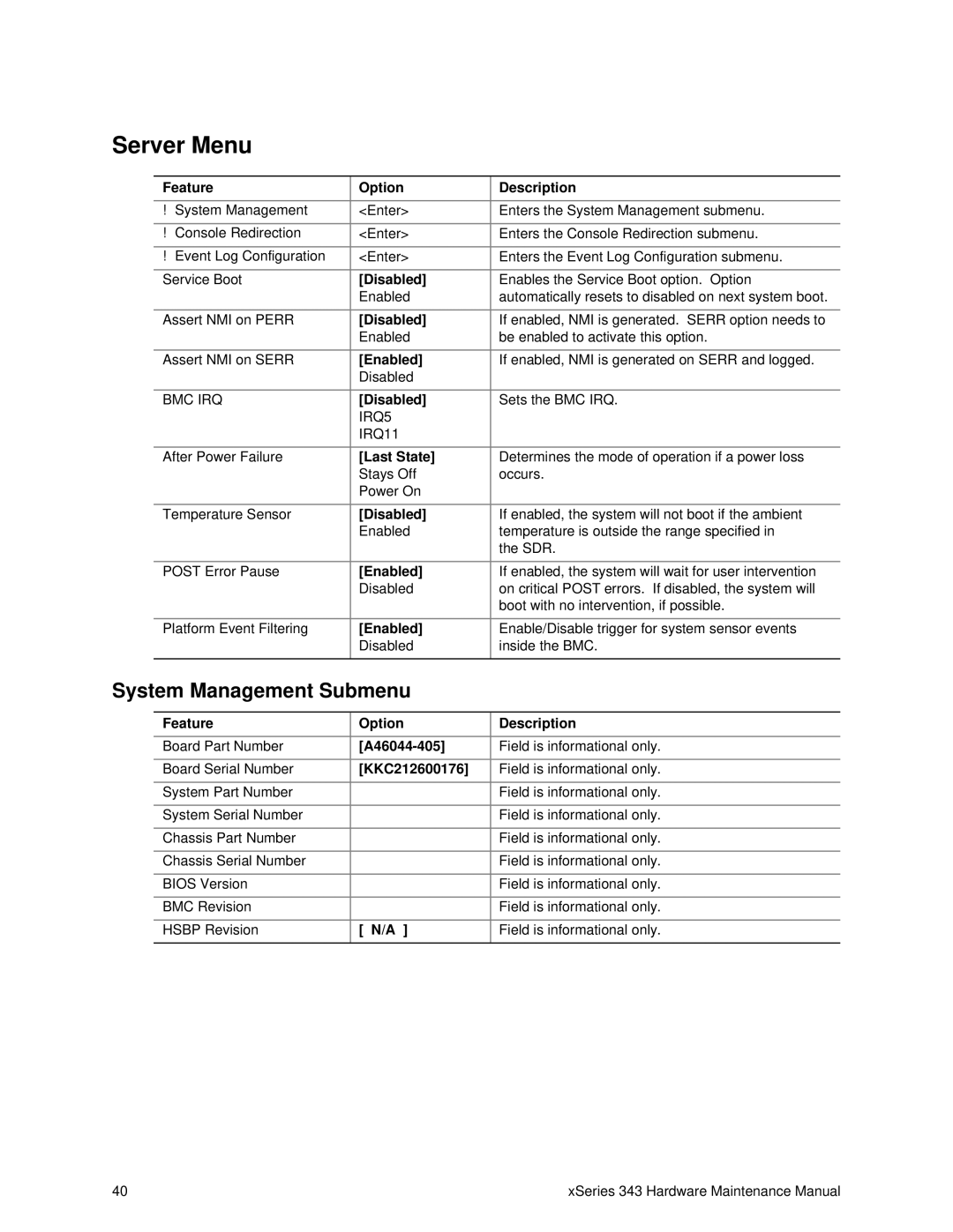 IBM 343 manual Server Menu, System Management Submenu, Enabled, Last State, A46044-405 