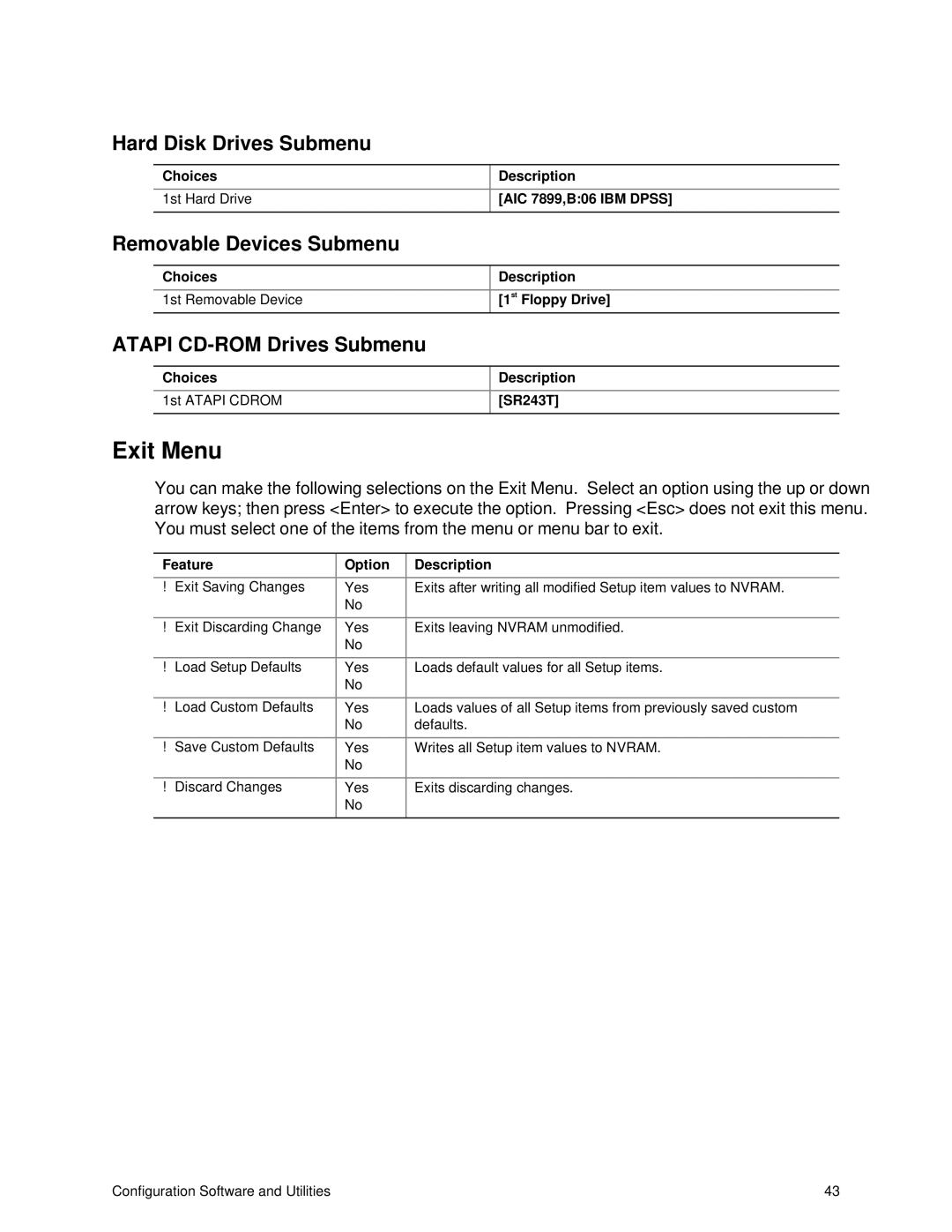 IBM 343 manual Exit Menu, Hard Disk Drives Submenu, Removable Devices Submenu, Atapi CD-ROM Drives Submenu 