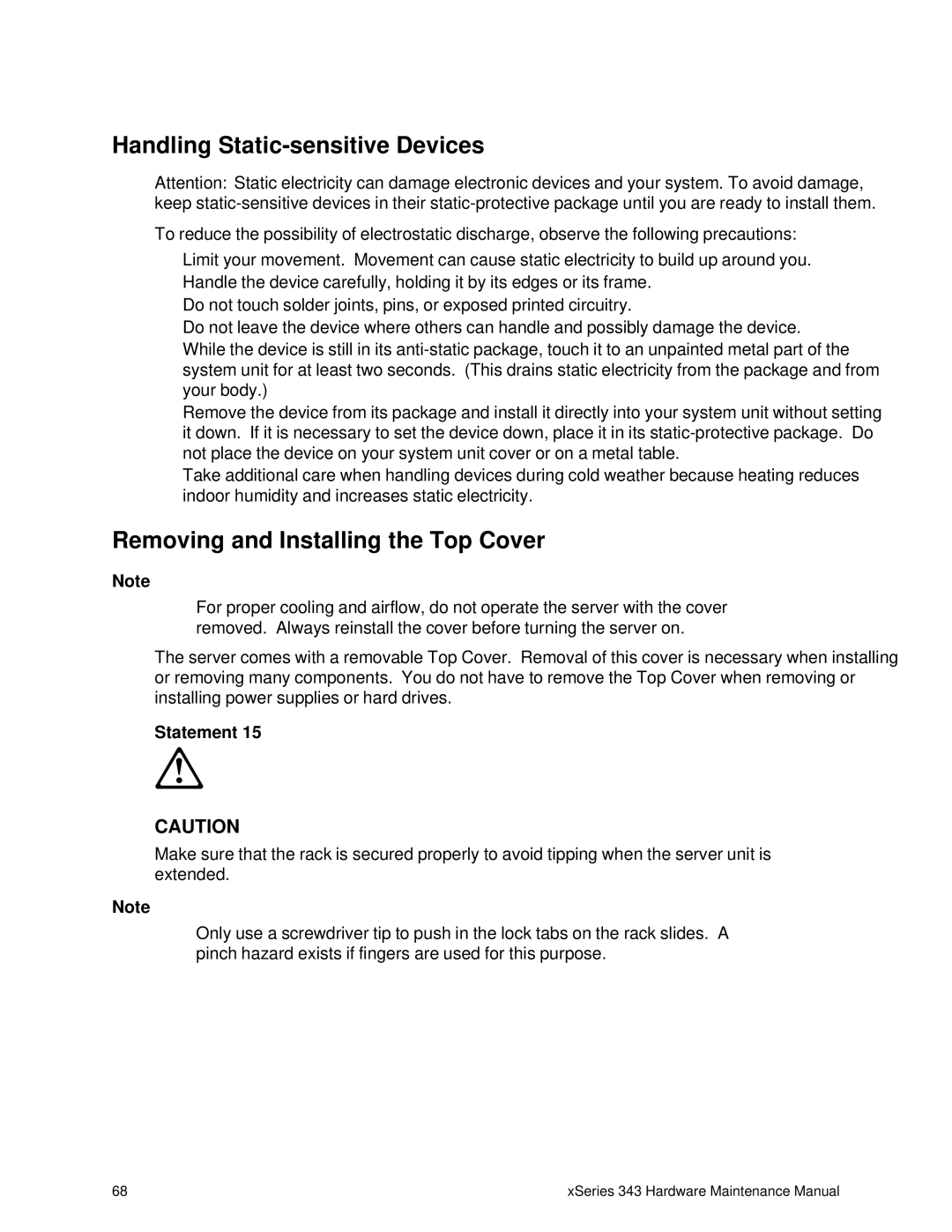 IBM 343 manual Handling Static-sensitive Devices, Removing and Installing the Top Cover 