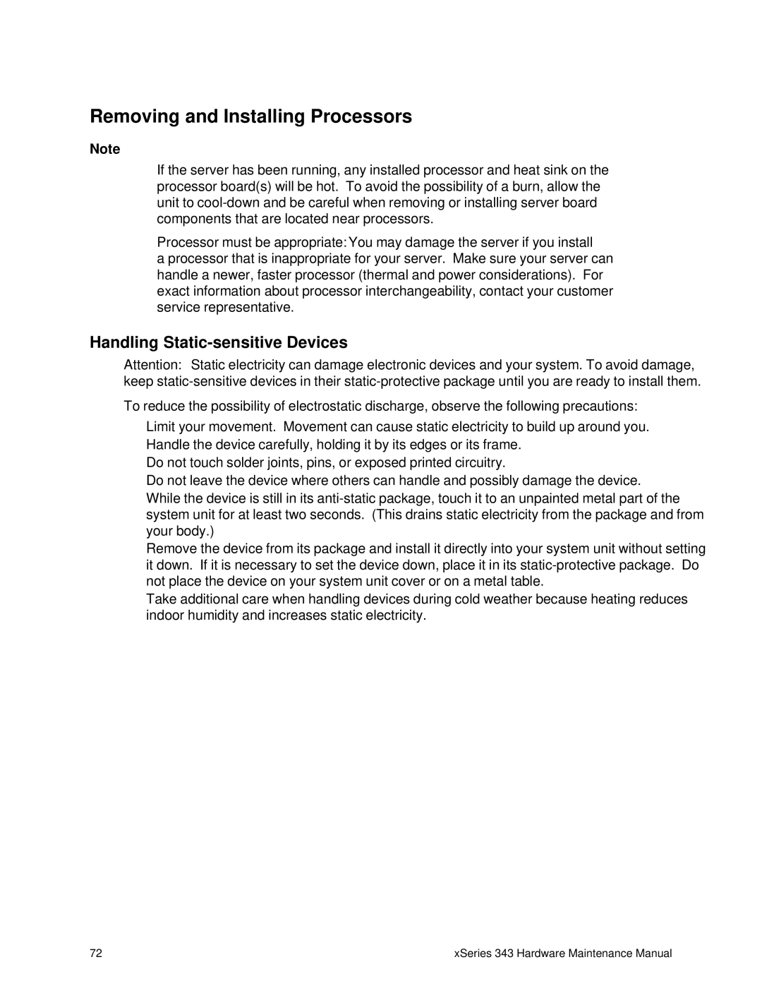 IBM 343 manual Removing and Installing Processors, Handling Static-sensitive Devices 