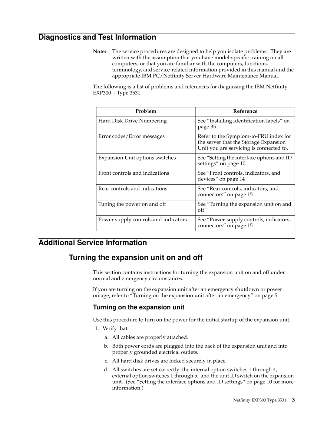 IBM 3531 manual Diagnostics and Test Information, Turning on the expansion unit, Problem Reference 